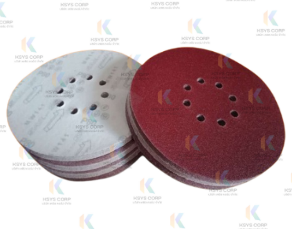 กระดาษทรายกลมสีแดง หลังสักหลาด ขนาด 9 นิ้ว 8 รู